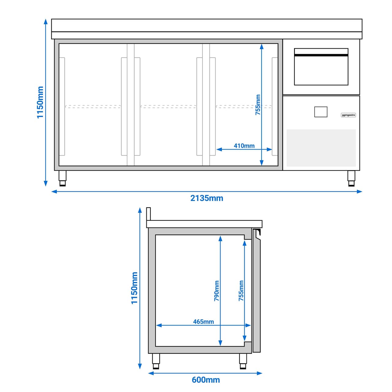 Bar- & Getränkekühltisch PREMIUM - 2130x600mm - 3 Türen, Aufkantung & Ausklopfer für Kaffee