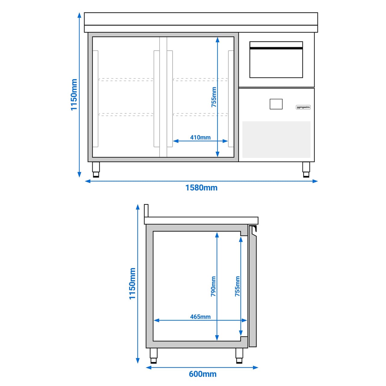 Bar- & Getränkekühltisch PREMIUM - 1580x600mm - mit 2 Glastüren, Aufkantung & Ausklopfer für Kaffee