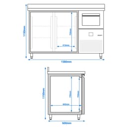 Bar- & Getränkekühltisch PREMIUM - 1580x600mm - mit 2 Glastüren, Aufkantung & Ausklopfer für Kaffee