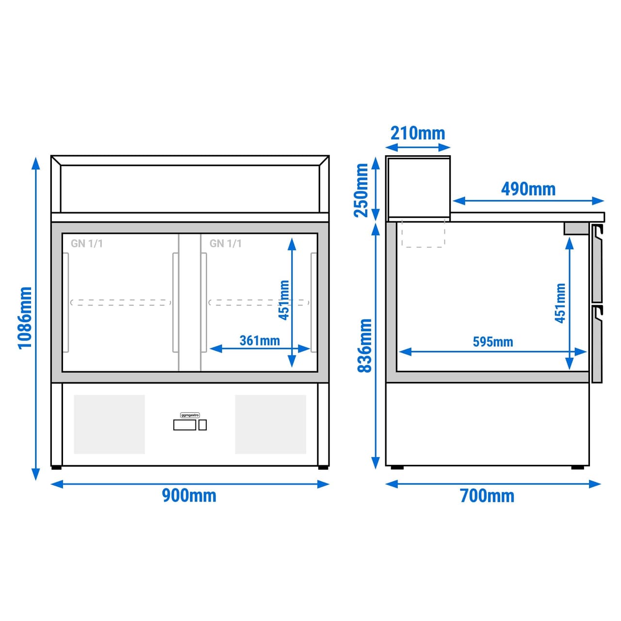 Saladette PREMIUM - 903mm - 2 Glastüren - mit Edelstahlaufsatz für 5x GN 1/6