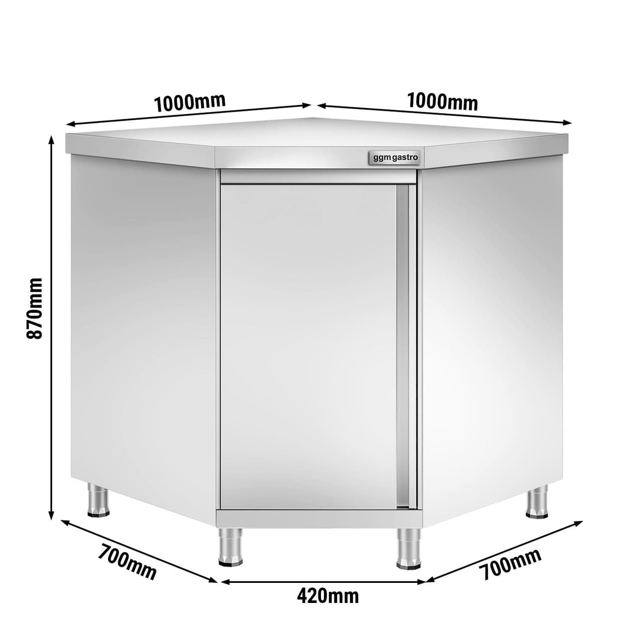 Edelstahl Eckarbeitsschrank PREMIUM mit Flügeltür ohne Aufkantung 1000x700mm