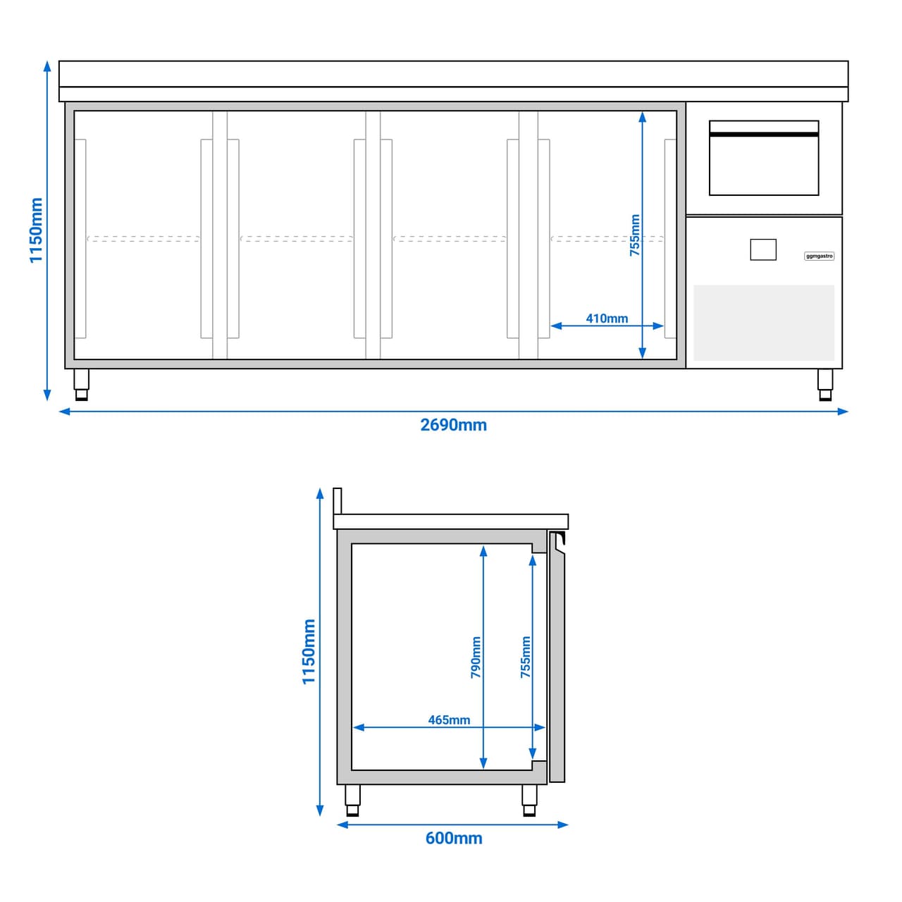 Bar- & Getränkekühltisch PREMIUM - 2690x600mm - 4 Türen, Aufkantung & Ausklopfer für Kaffee