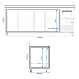 Bar- & Getränkekühltisch PREMIUM - 2690x600mm - 4 Türen, Aufkantung & Ausklopfer für Kaffee