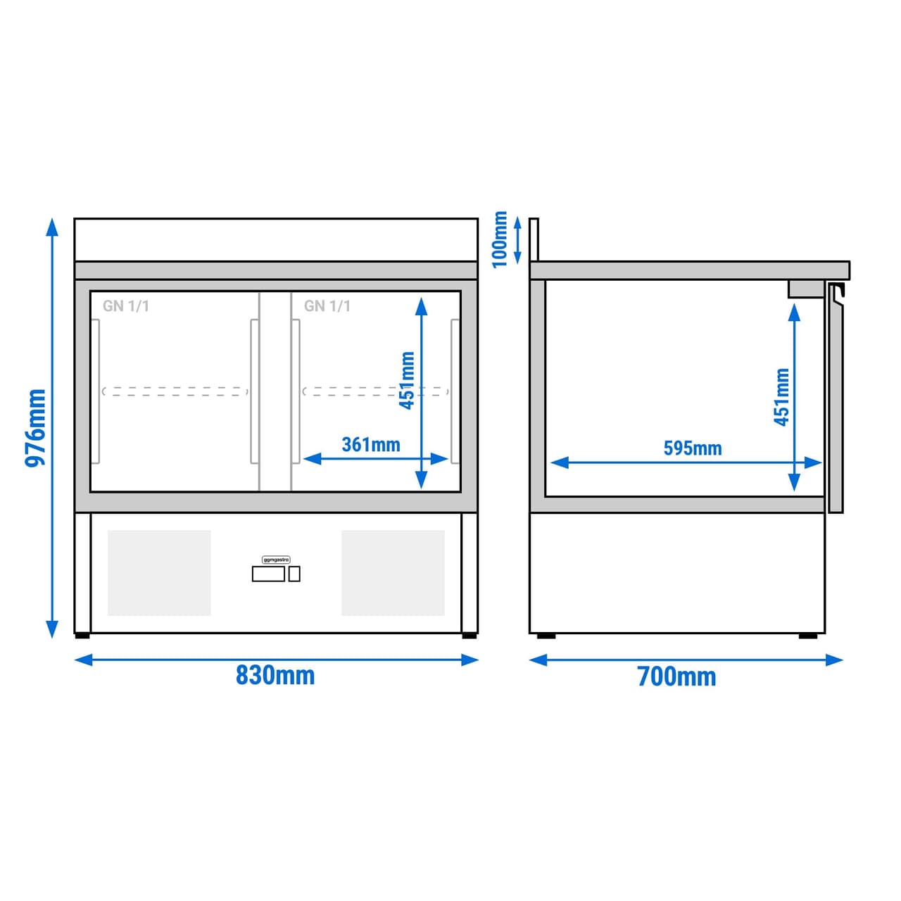 Kühltisch PREMIUM - 900x700mm - 2 Glastüren & Aufkantung