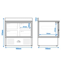 Kühltisch PREMIUM - 900x700mm - 4 Schubladen & Aufkantung