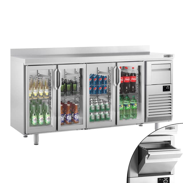 Bar- & Getränkekühltisch Premium PLUS - 2450x600mm - mit 4 Glastüren, Aufkantung & Ausklopfer für Kaffee