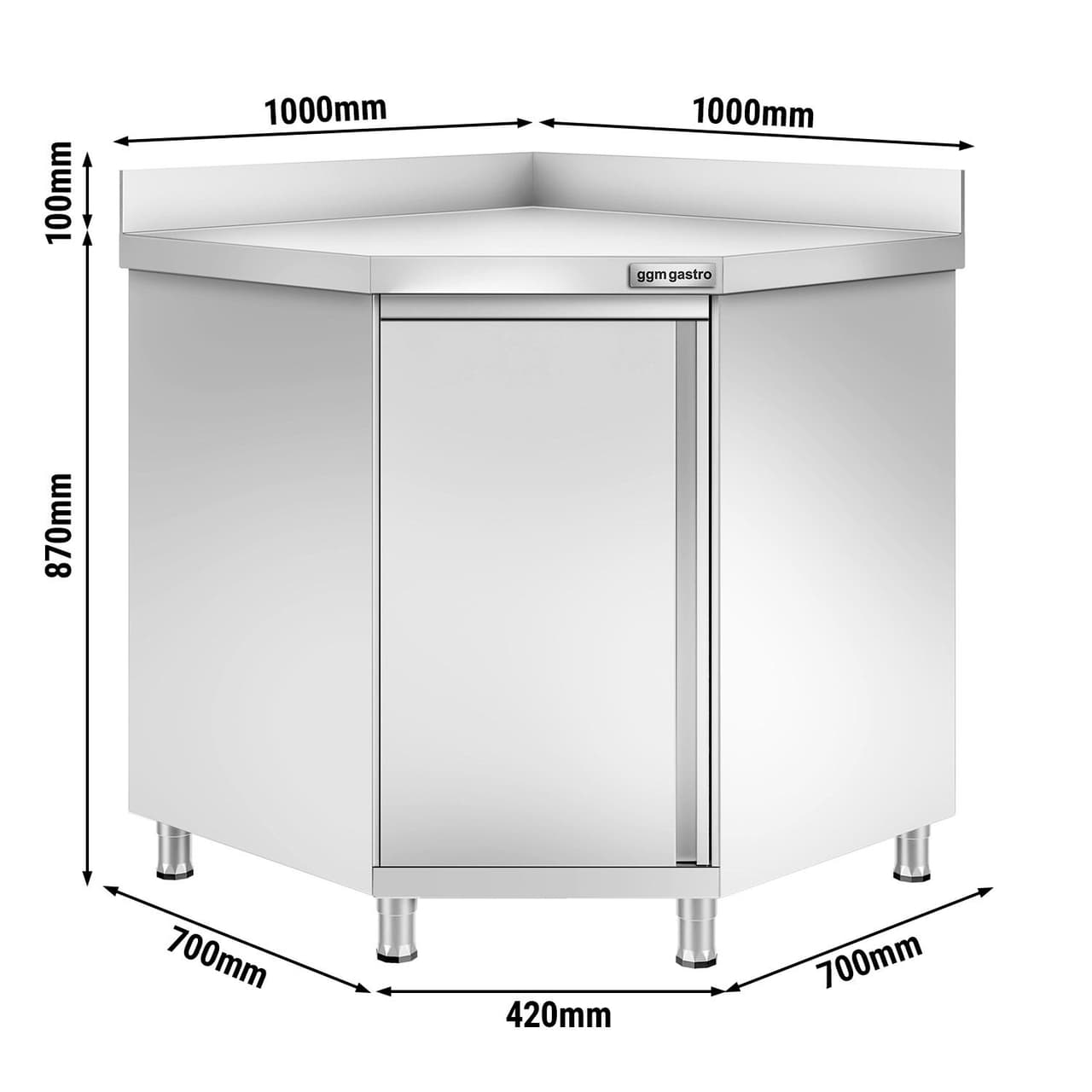 Edelstahl Eckarbeitsschrank PREMIUM mit Flügeltür & Aufkantung 1000x700mm