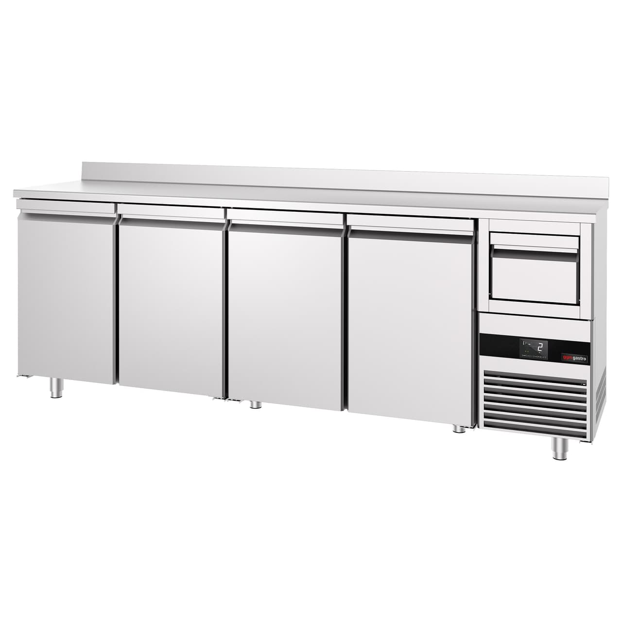 Bar- & Getränkekühltisch PREMIUM - 2690x600mm - 4 Türen, Aufkantung & Ausklopfer für Kaffee