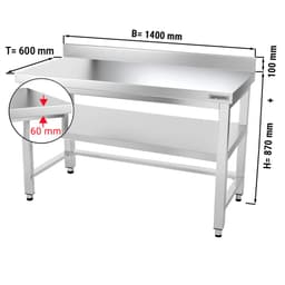 Edelstahl Arbeitstisch PREMIUM - 1400x600mm - mit Grundboden, Aufkantung & Verstrebung