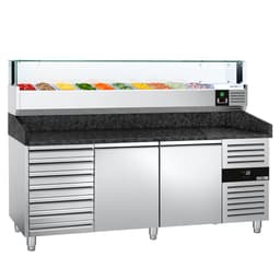 Pizzakühltisch PREMIUM - 2000x800mm - mit 2 Türen & 7 Schubladen - inkl. Kühlaufsatzvitrine LED - 10x GN 1/4