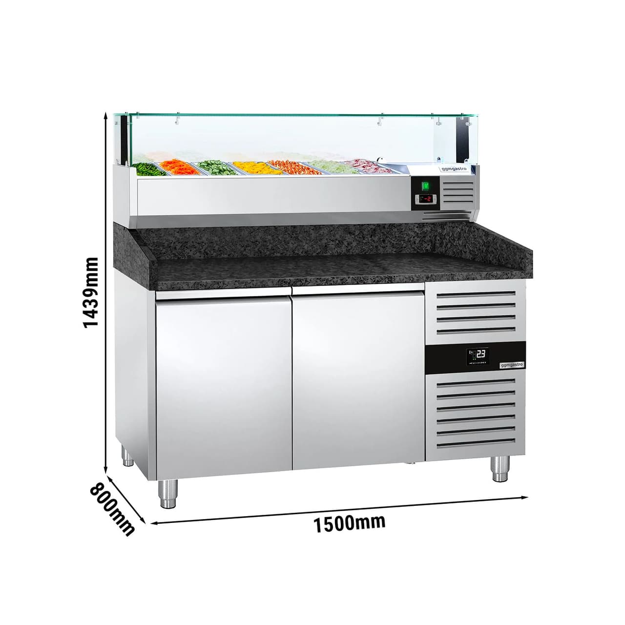 Pizzakühltisch PREMIUM - 1500x800mm - mit 2 Türen - inkl. Kühlaufsatzvitrine LED - 7x GN 1/4