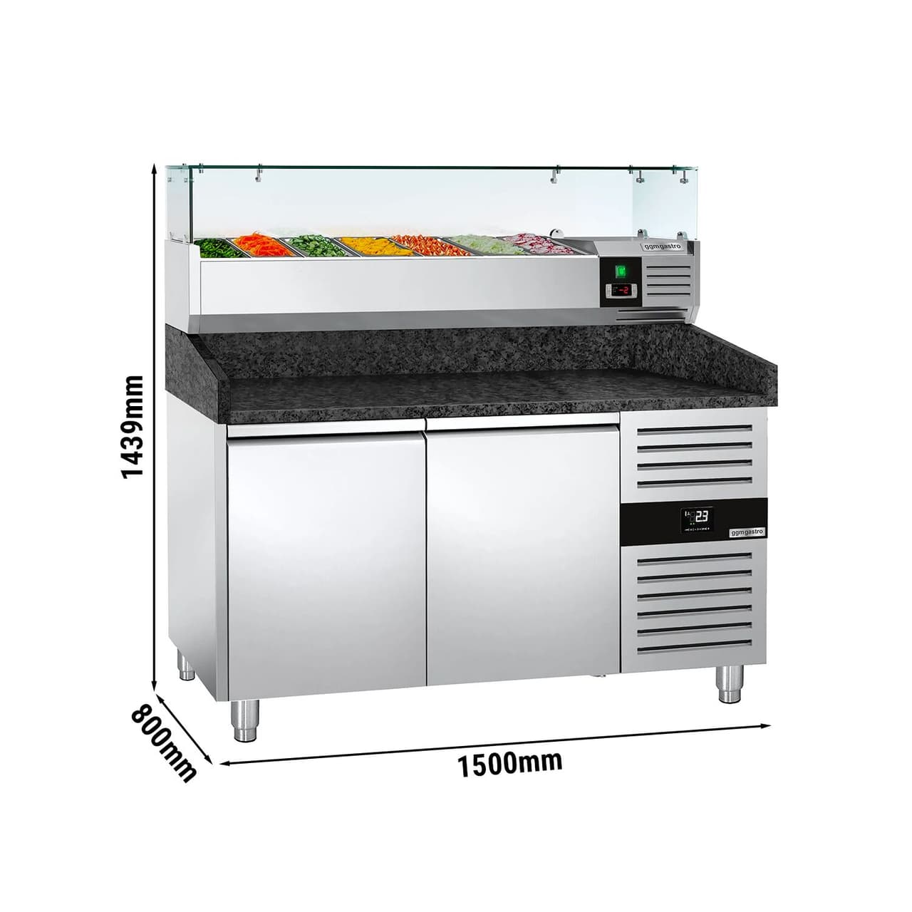 Pizzakühltisch PREMIUM - 1500x800mm - mit 2 Türen - inkl. Kühlaufsatzvitrine - 6x GN 1/3