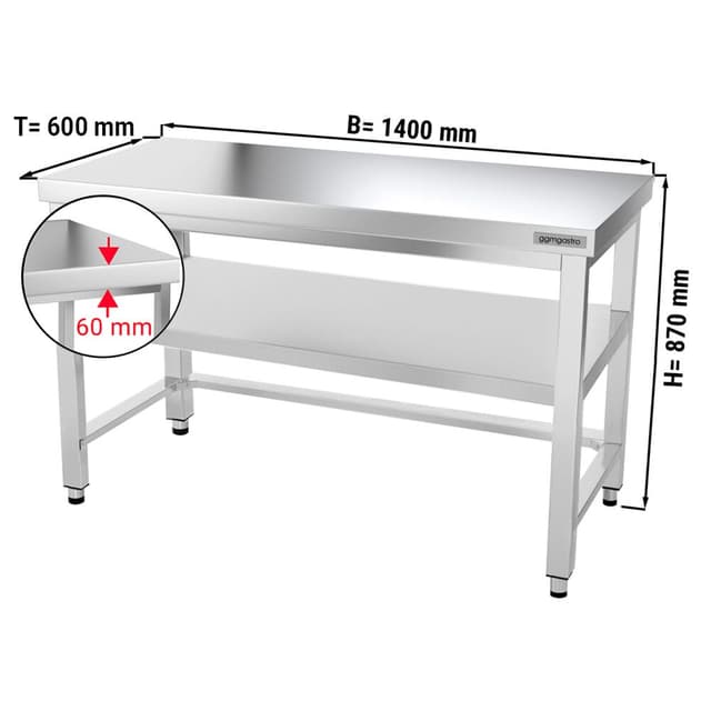 Edelstahl Arbeitstisch PREMIUM - 1400x600mm - mit Grundboden & Verstrebung