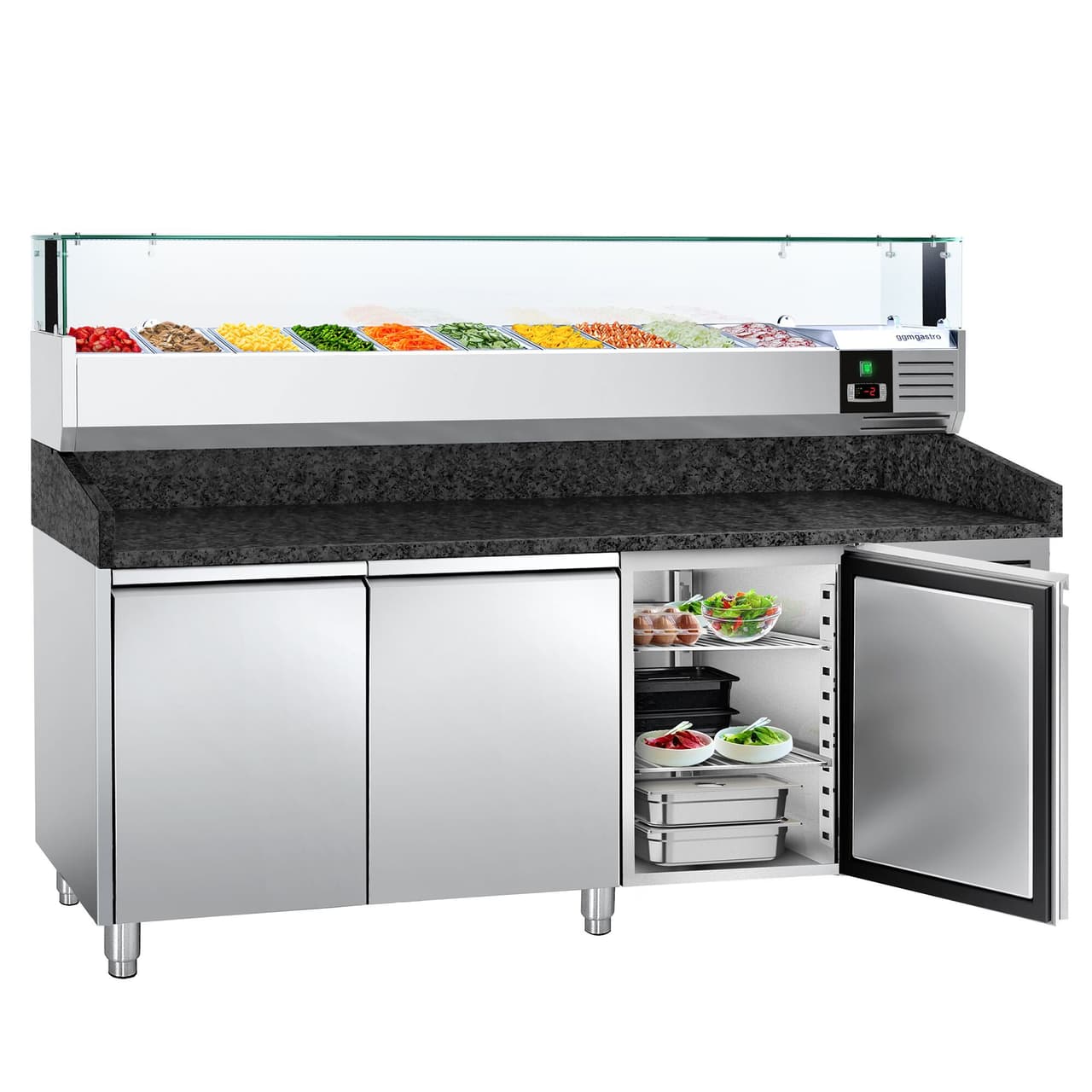 Pizzakühltisch PREMIUM - 2000x800mm - mit 3 Türen - inkl. Kühlaufsatzvitrine LED - 10x GN 1/4