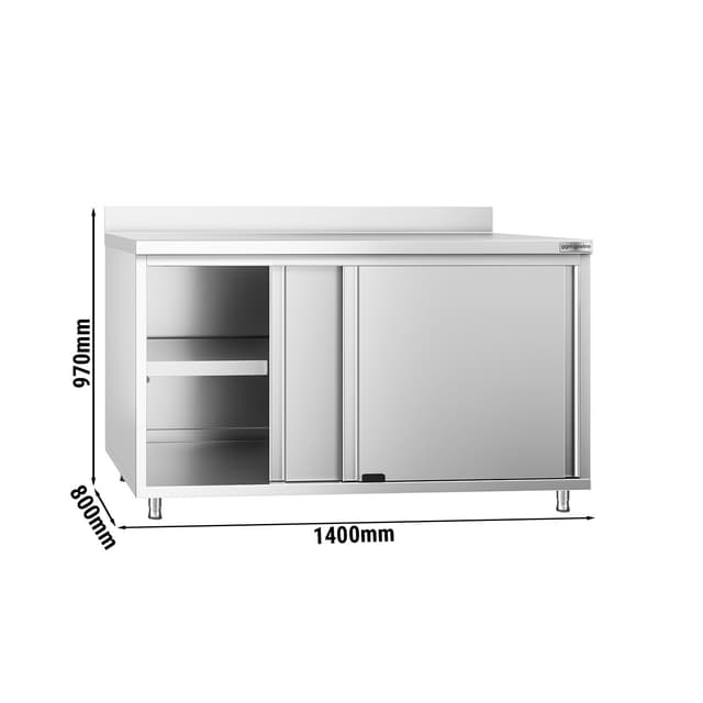 Edelstahl Arbeitsschrank PREMIUM - 1400x800mm - mit Schiebetür & Aufkantung