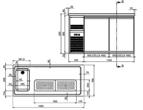 Biertheke Premium PLUS - 1550x700mm - 1 Glastür & 3 Schubladen