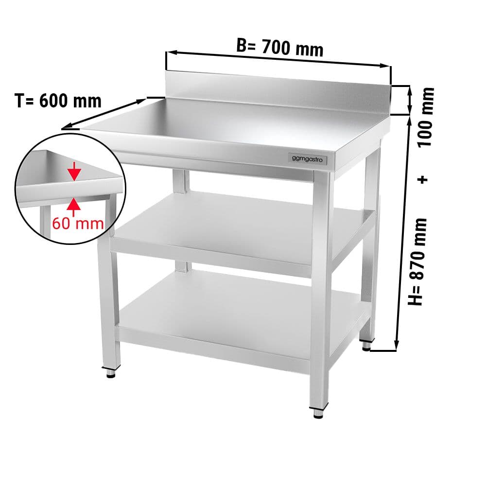 Edelstahl Arbeitstisch PREMIUM - 700x600mm - mit Grundboden, Aufkantung & Zwischenboden