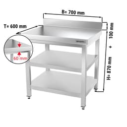 Edelstahl Arbeitstisch PREMIUM - 700x600mm - mit Grundboden, Aufkantung & Zwischenboden