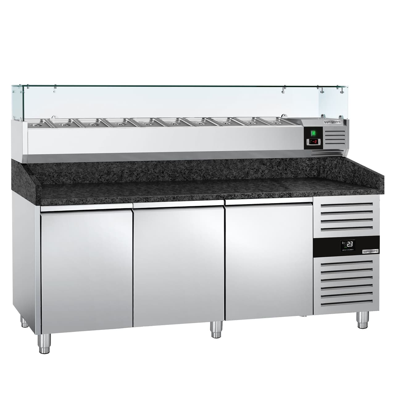 Pizzakühltisch PREMIUM - 2000x800mm - mit 3 Türen - inkl. Kühlaufsatzvitrine - 9x GN 1/3