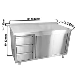 Edelstahl Arbeitsschrank ECO - 1800x700mm - mit 3 Schubladen links & Aufkantung