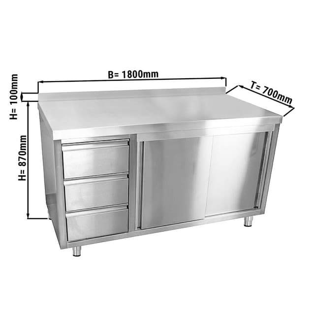 Edelstahl Arbeitsschrank ECO - 1800x700mm - mit 3 Schubladen links & Aufkantung