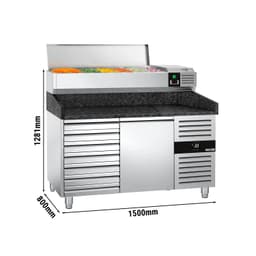 Pizzakühltisch PREMIUM - 1500x800mm - mit 1 Tür & 7 Schubladen - inkl. Kühlaufsatzvitrine - 6x GN 1/3