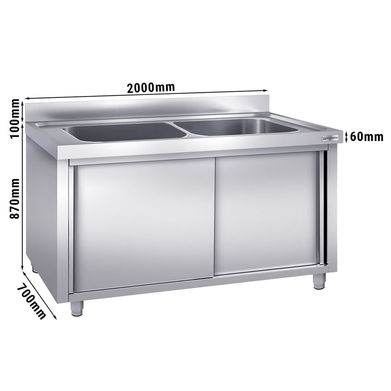 Topfspülschrank - 2000x700mm - mit 2 Becken