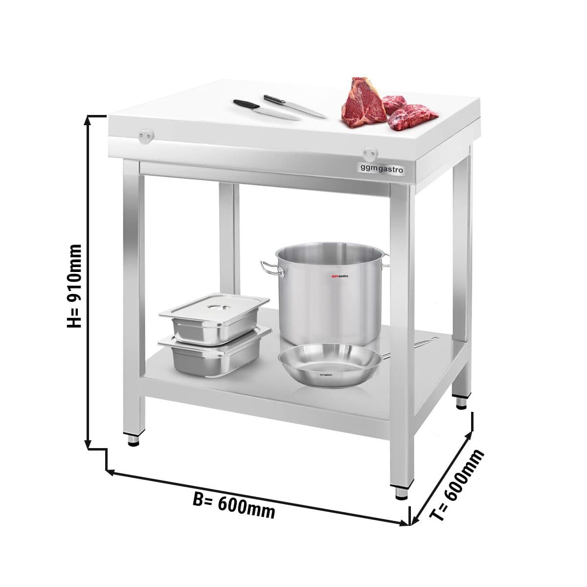 Edelstahl Arbeitstisch PREMIUM - 600x600mm - mit Grundboden ohne Aufkantung inkl. Schneideplatte