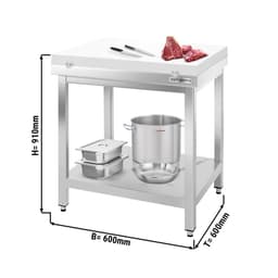 Edelstahl Arbeitstisch PREMIUM - 600x600mm - mit Grundboden ohne Aufkantung inkl. Schneideplatte