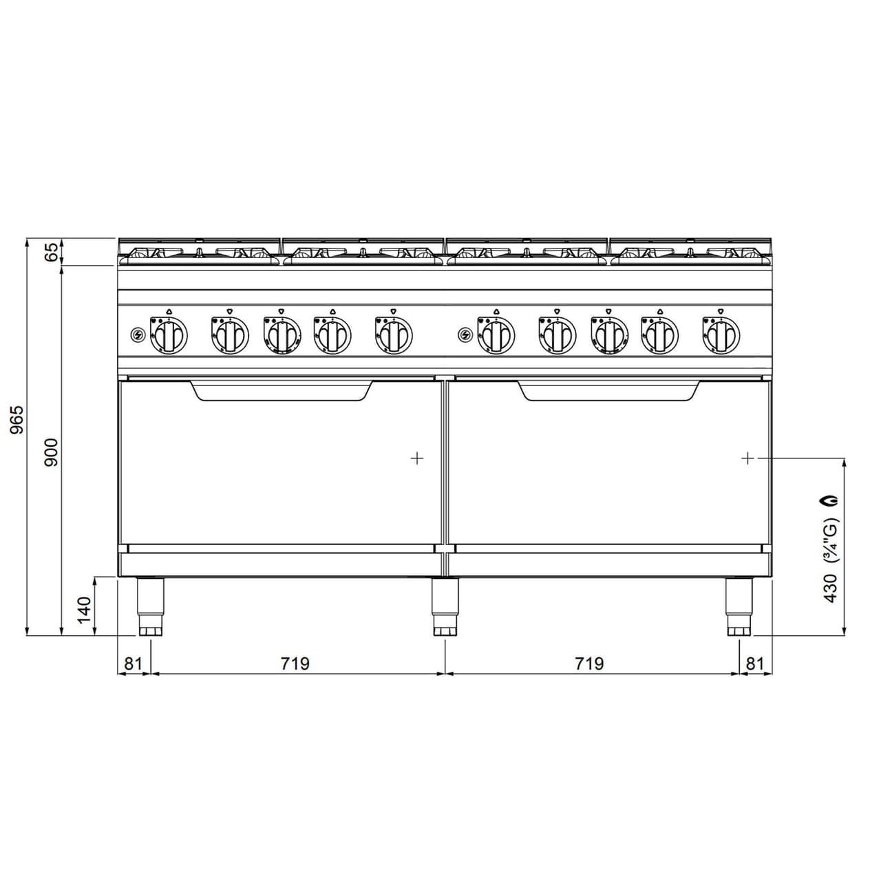 Gasherd - 69 kW - 8 Brenner - inkl. 2 Gasöfen - 2x 7,6 kW