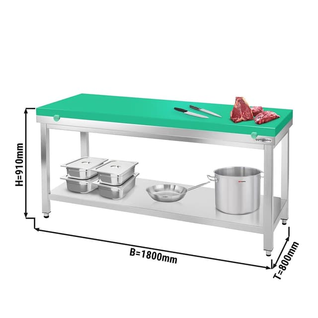 Edelstahl Arbeitstisch PREMIUM - 1800x800mm - mit Grundboden ohne Aufkantung inkl. Schneideplatte