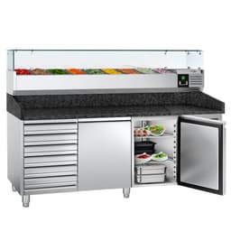 Pizzakühltisch PREMIUM - 2000x800mm - mit 2 Türen & 7 Schubladen - inkl. Kühlaufsatzvitrine - 9x GN 1/3