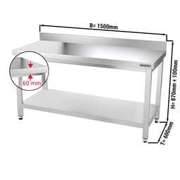 Edelstahl Arbeitstisch PREMIUM - 1500x600mm - mit Grundboden & Aufkantung