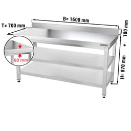 Edelstahl Arbeitstisch PREMIUM - 1600x700mm - mit Grundboden, Aufkantung & Zwischenboden