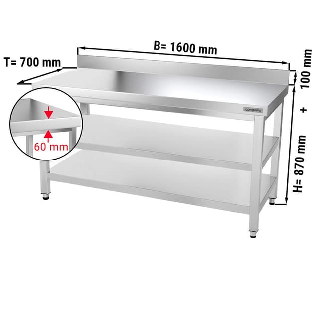 Edelstahl Arbeitstisch PREMIUM - 1600x700mm - mit Grundboden, Aufkantung & Zwischenboden