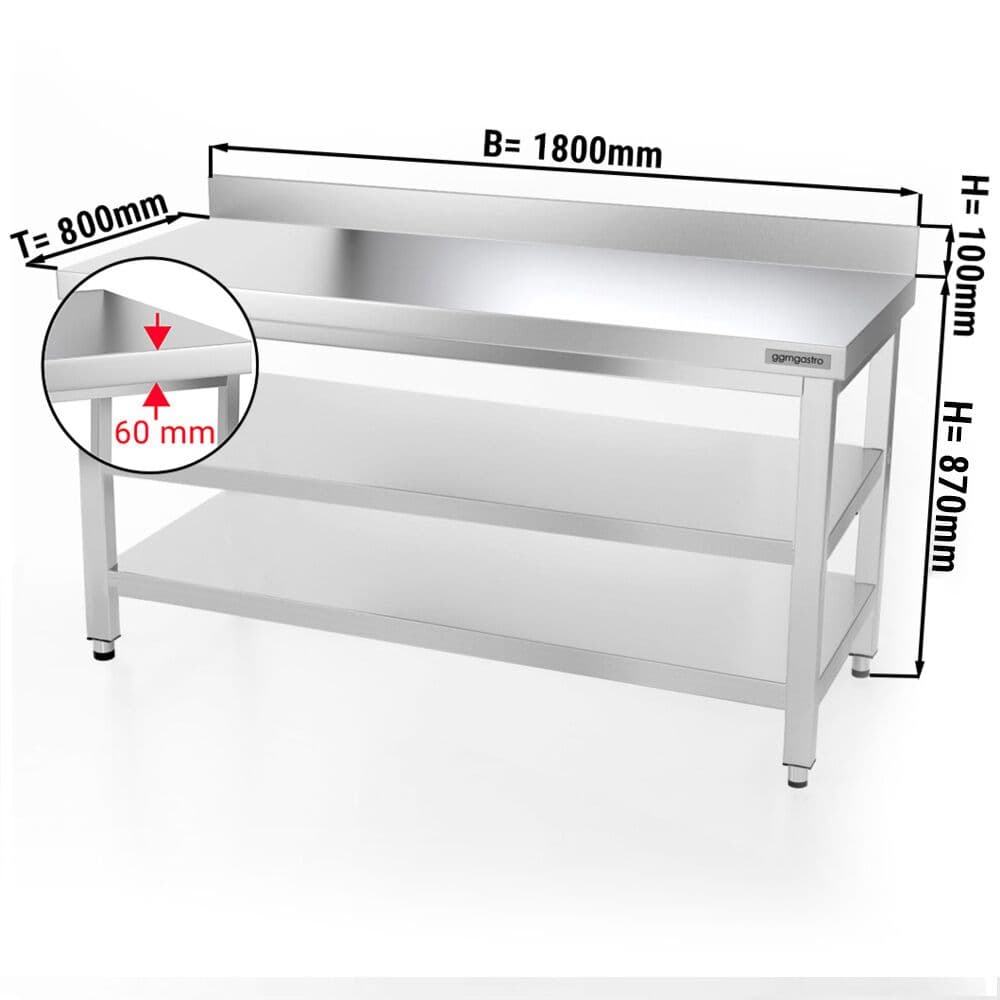 Edelstahl Arbeitstisch PREMIUM - 1800x800mm - mit Grundboden, Aufkantung & Zwischenboden