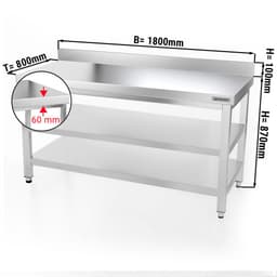 Edelstahl Arbeitstisch PREMIUM - 1800x800mm - mit Grundboden, Aufkantung & Zwischenboden