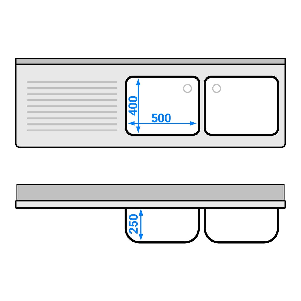 Spülmaschinen-Spültisch - 1800x600mm - mit 2 Becken rechts