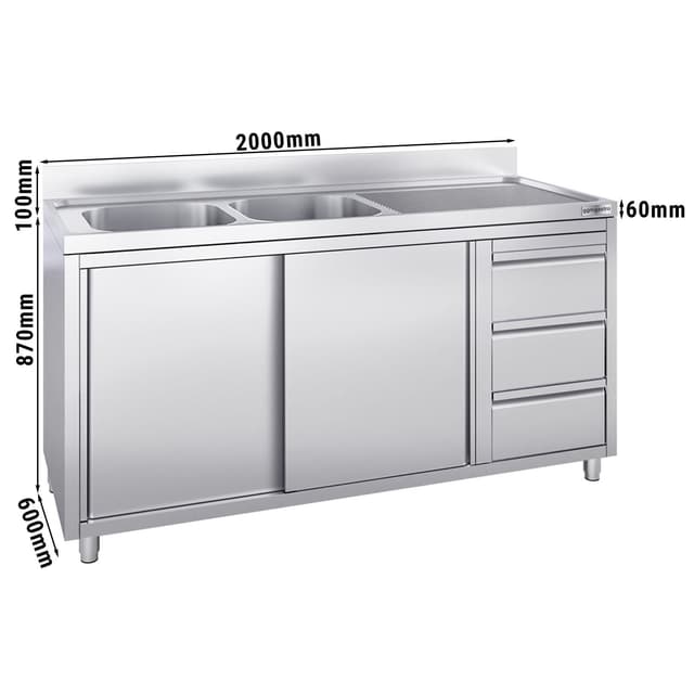 Spülschrank - 2000x600mm - mit 3 Schubladen & 2 Becken links