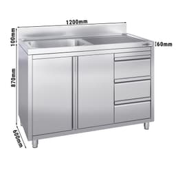 Spülschrank - 1200x600mm - mit 3 Schubladen & 1 Becken links