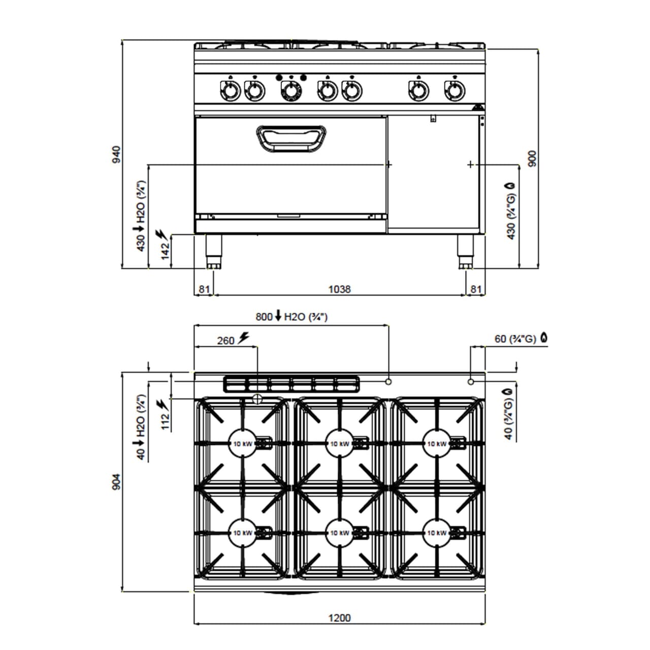 Gasherd - mit 6 Brennern - 60 kW - inkl. Elektrobackofen - 4,68 kW - Hochleistungsmodell