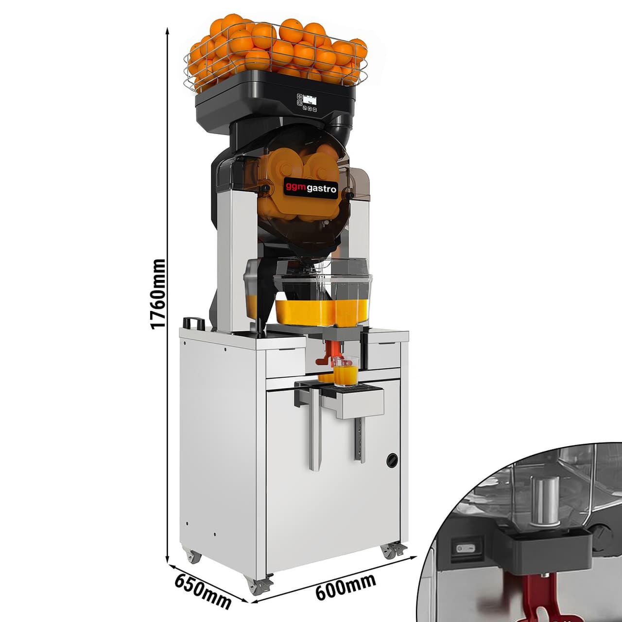 Elektrische Orangenpresse - mit Kühlung, automatischer Fruchtzufuhr, Saftspeicher & Untergestell - Schwarz