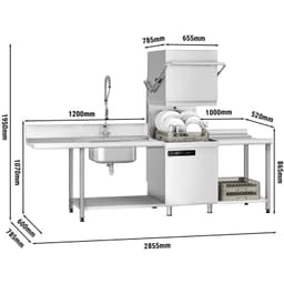 Durchschubspülmaschine - Digital - 7,1 kW - inkl. Zulauftisch links, Auslauftisch rechts & Entkalker - mit Reiniger-, Klarspüler- & Laugenpumpe