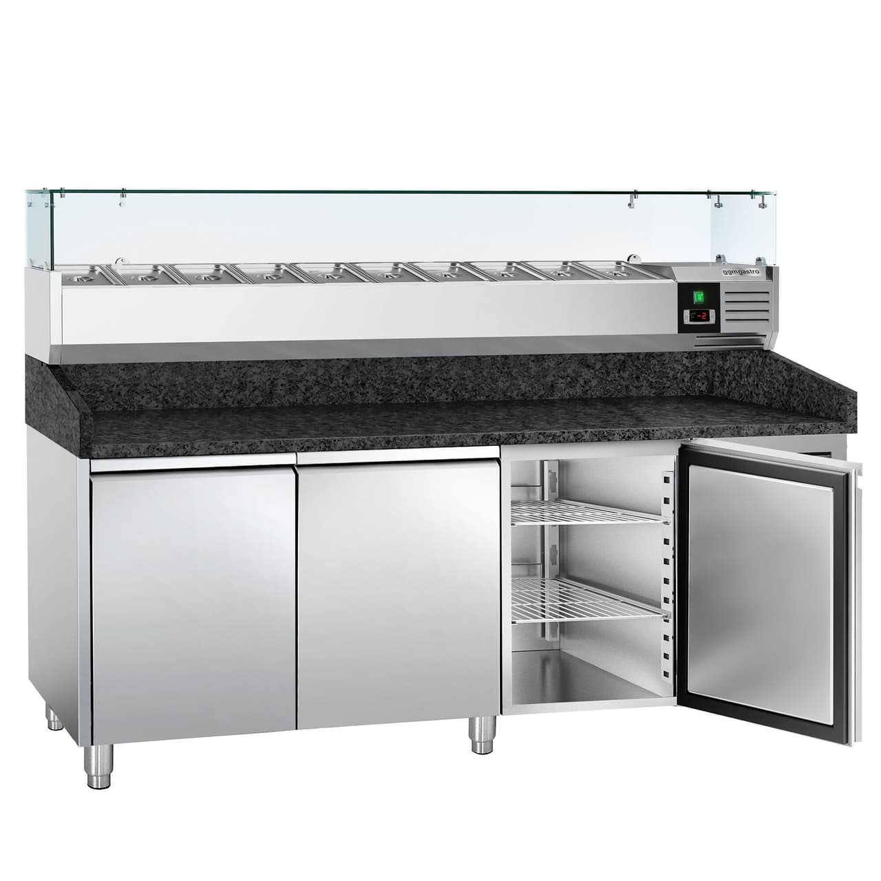 Pizzakühltisch PREMIUM - 2000x800mm - mit 3 Türen - inkl. Kühlaufsatzvitrine - 10x GN 1/4