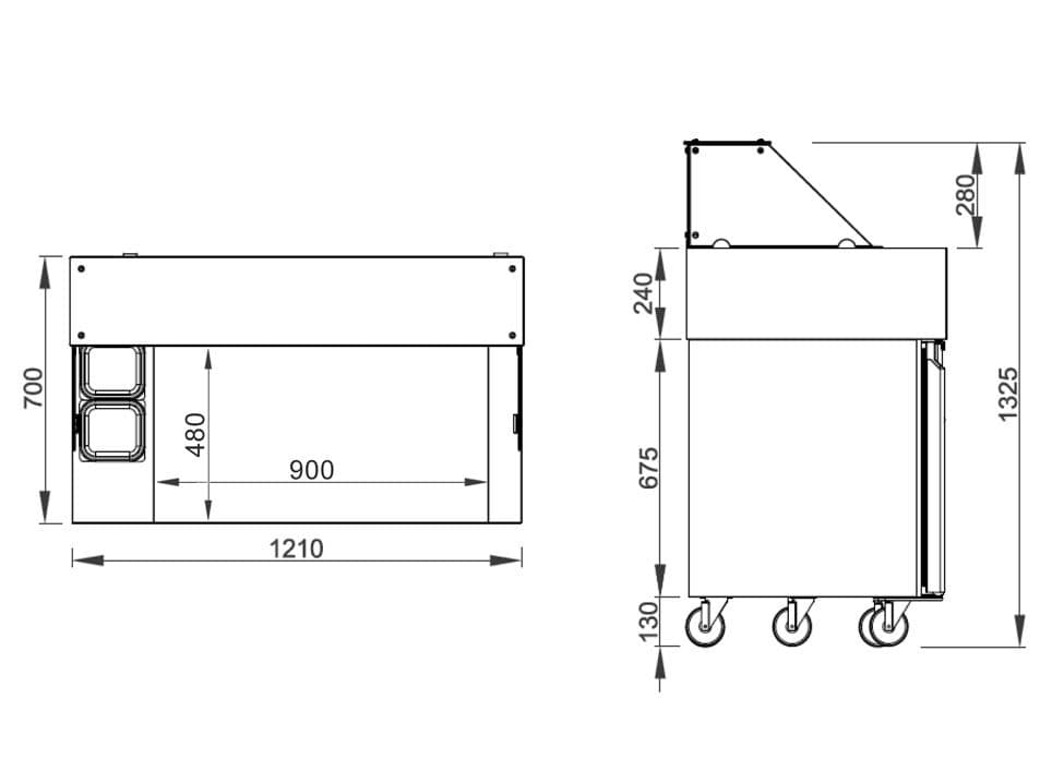 Zubereitungstisch - 1210mm - 1 Tür & 2 Schubladen - für 9x GN 1/6 Behälter - inkl. Crêpes-Gerät