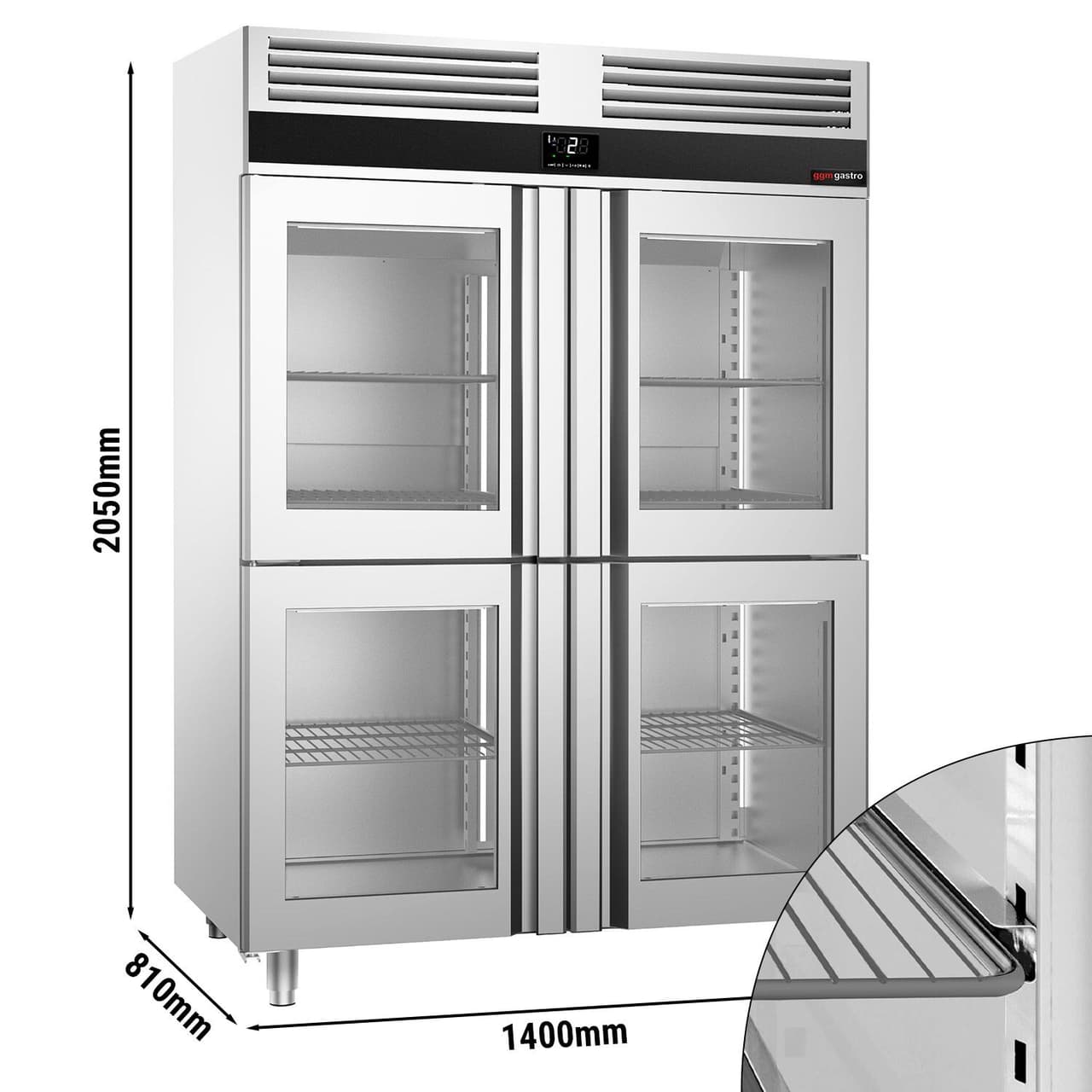 Kühlschrank Edelstahl PREMIUM - GN 2/1 - 1400 Liter - mit 4 Glashalbtüren