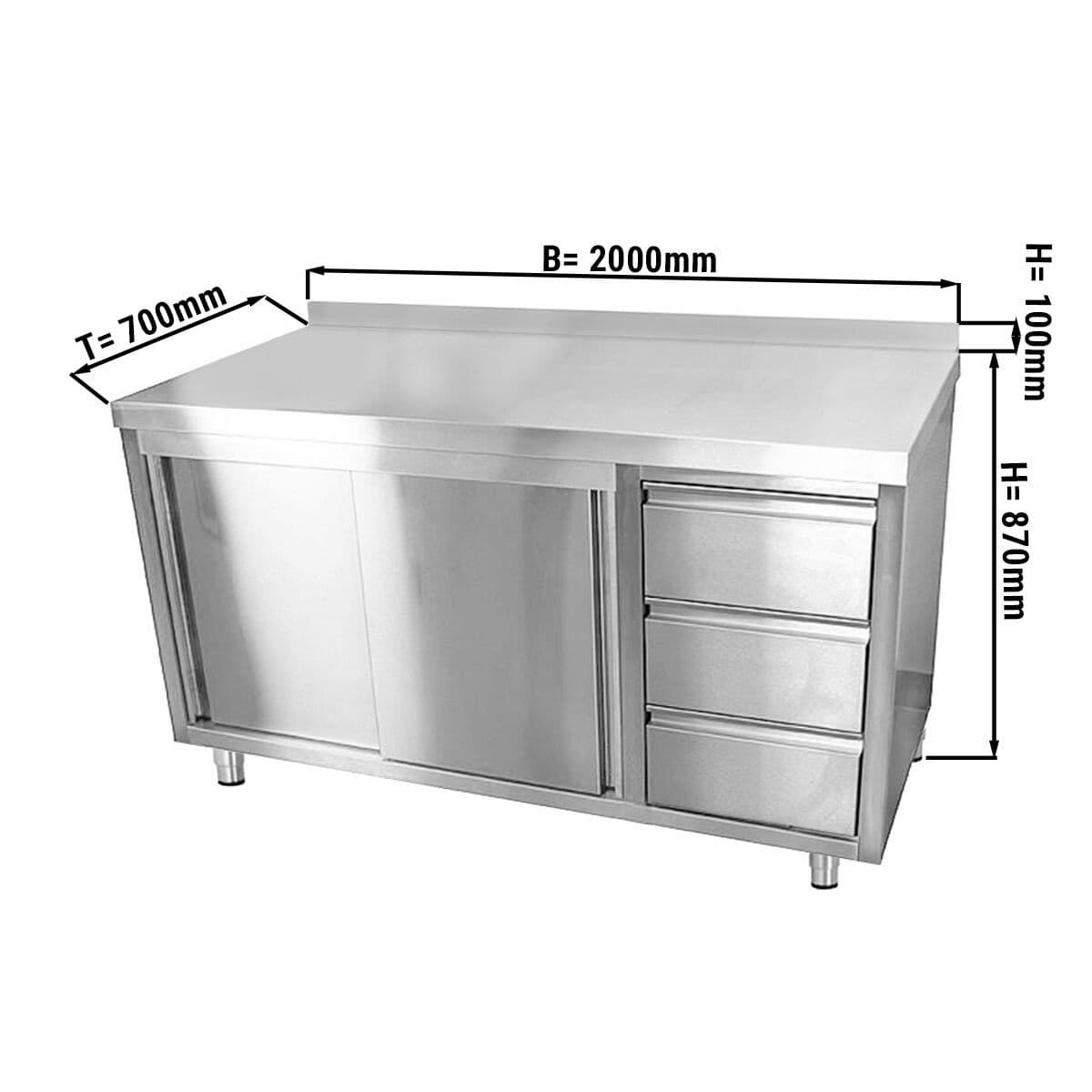 Edelstahl Arbeitsschrank ECO - 2000x700mm - mit 3 Schubladen rechts & Aufkantung