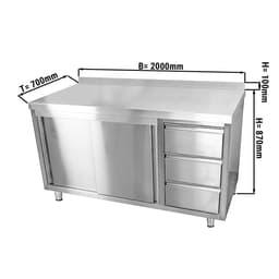 Edelstahl Arbeitsschrank ECO - 2000x700mm - mit 3 Schubladen rechts & Aufkantung