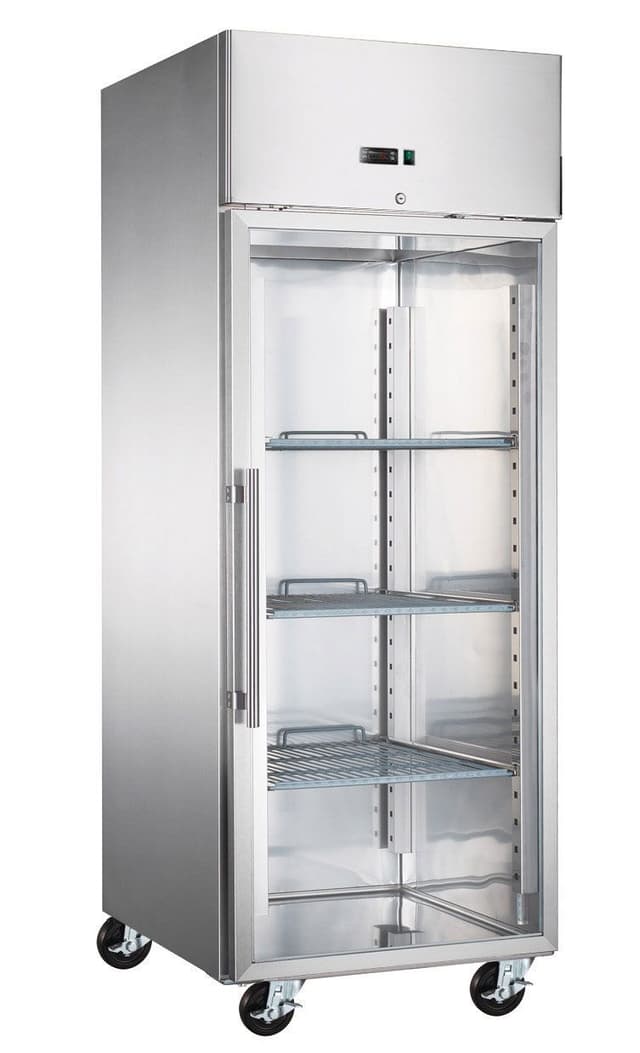 Bäckerei-Tiefkühlschrank Edelstahl ECO - EN 60x80 - 600 Liter - mit 1 Glastür, Schienen & Tragroste