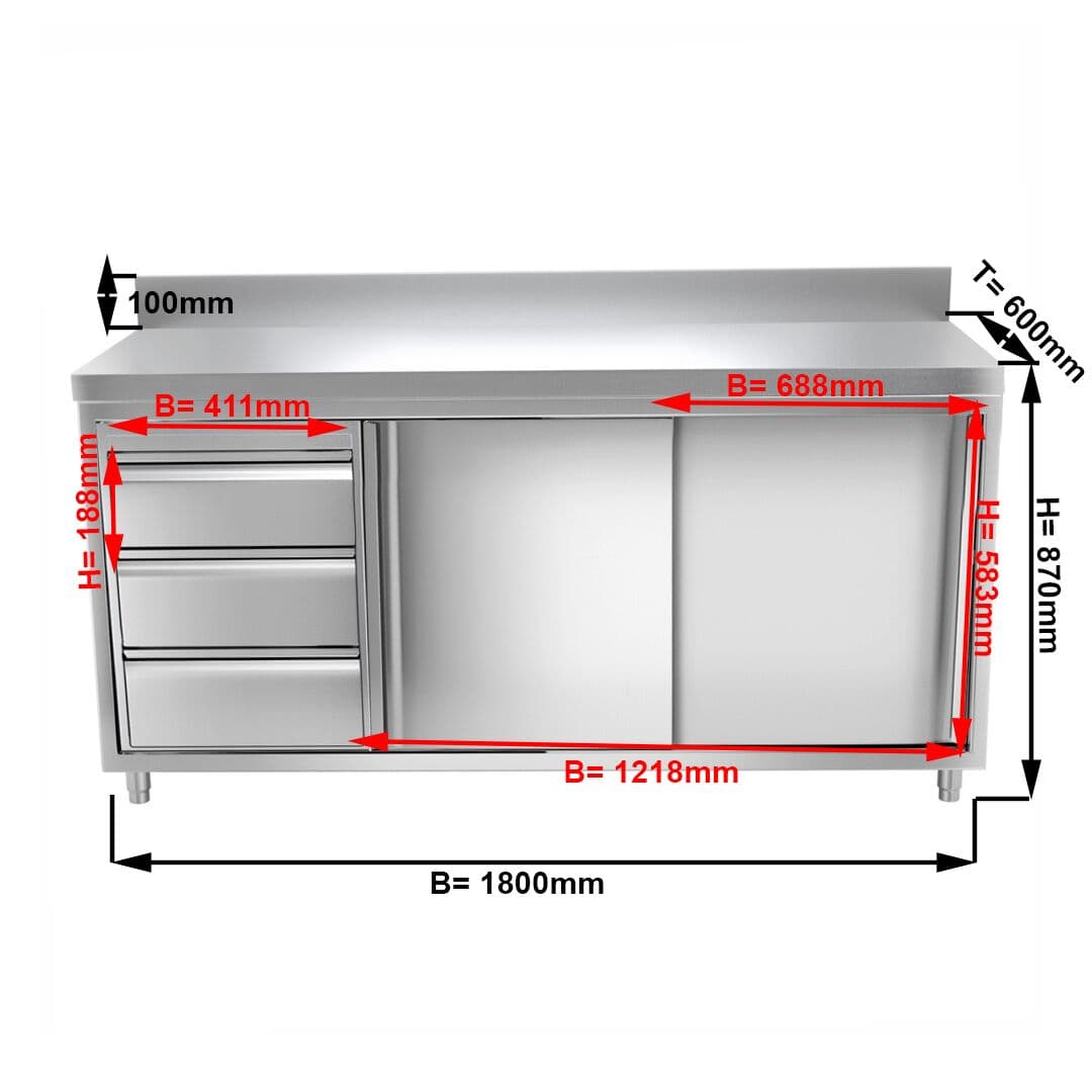 Edelstahl Arbeitsschrank PREMIUM - 1800x600mm - mit 3 Schubladen links & Aufkantung